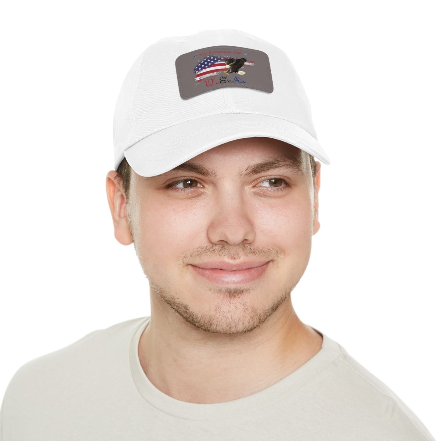 My Pronouns Are USA Dad Hat with Leather Patch (Rectangle)