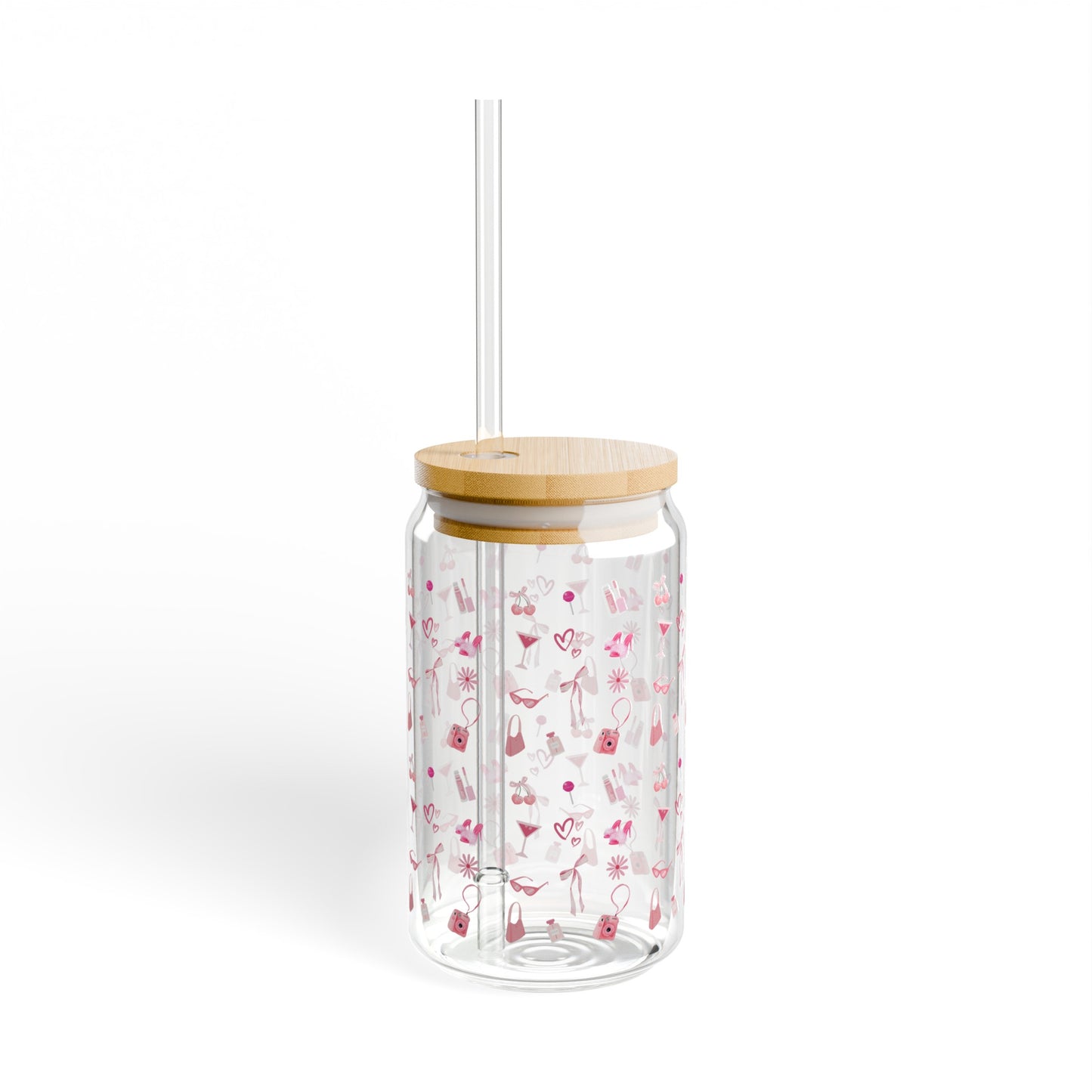 Coquette Girly Pink Sipper Glass Wood Top With Straw , 16oz