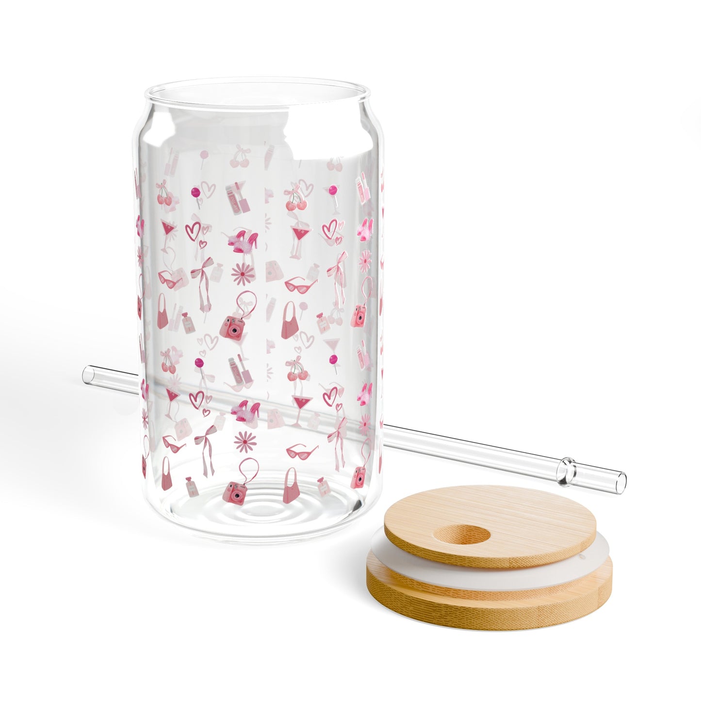 Coquette Girly Pink Sipper Glass Wood Top With Straw , 16oz