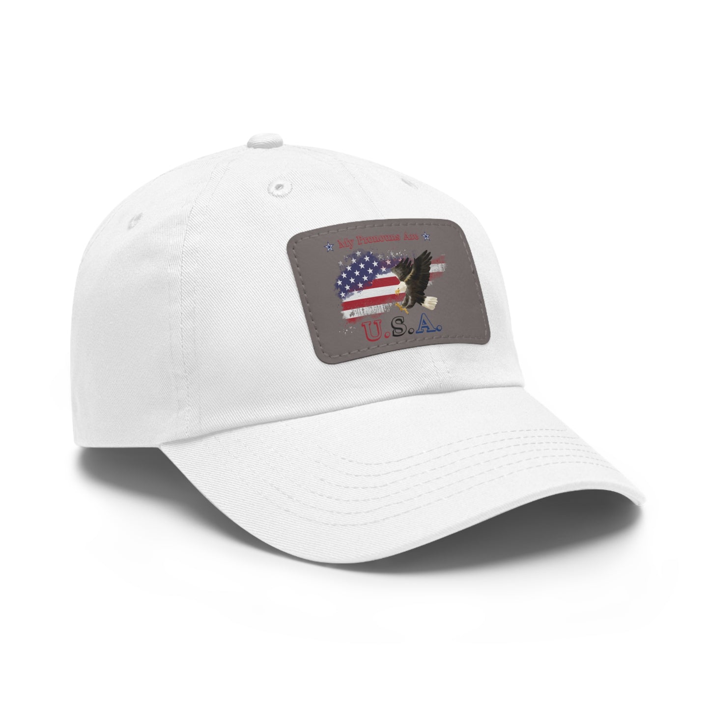 My Pronouns Are USA Dad Hat with Leather Patch (Rectangle)