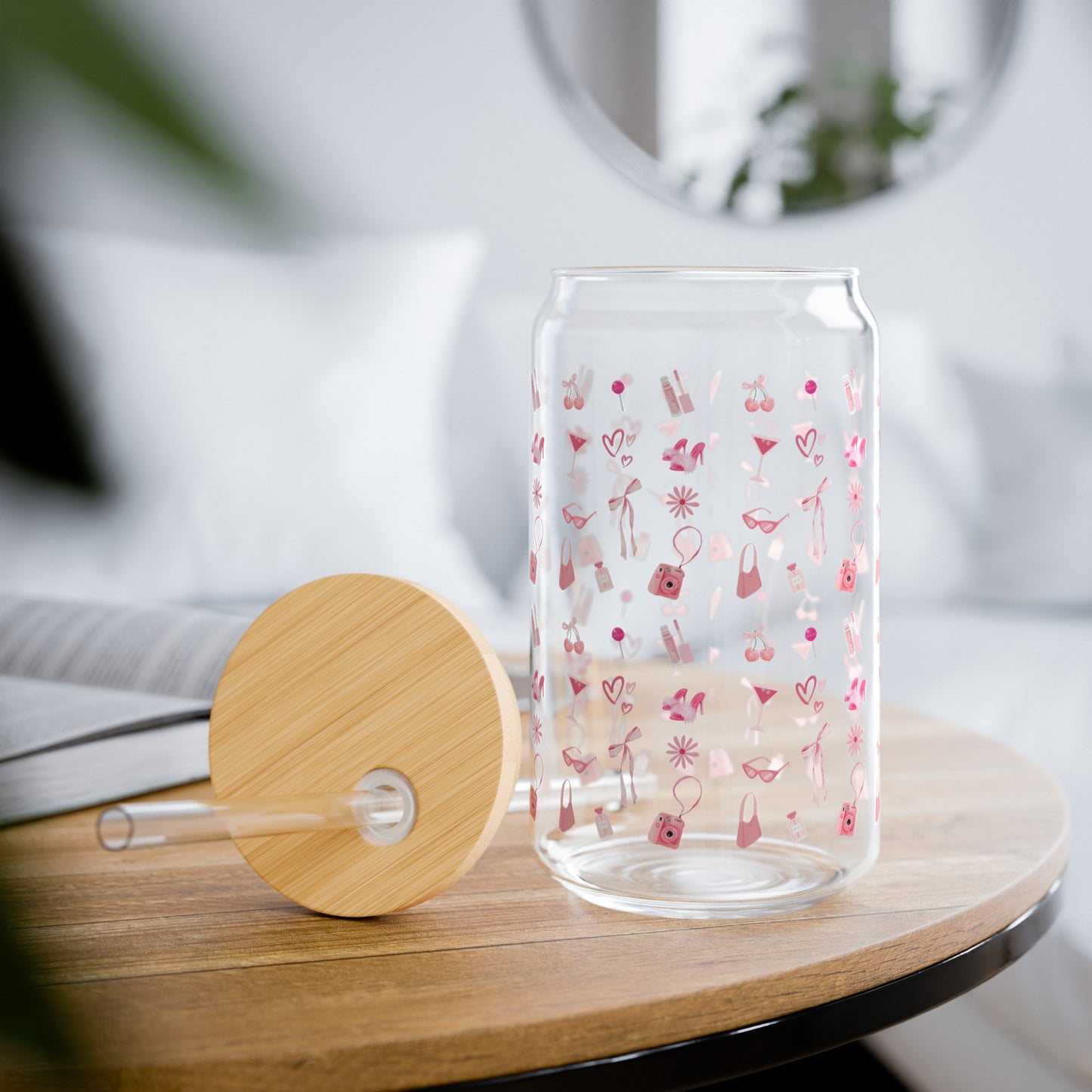 Coquette Girly Pink Sipper Glass Wood Top With Straw , 16oz