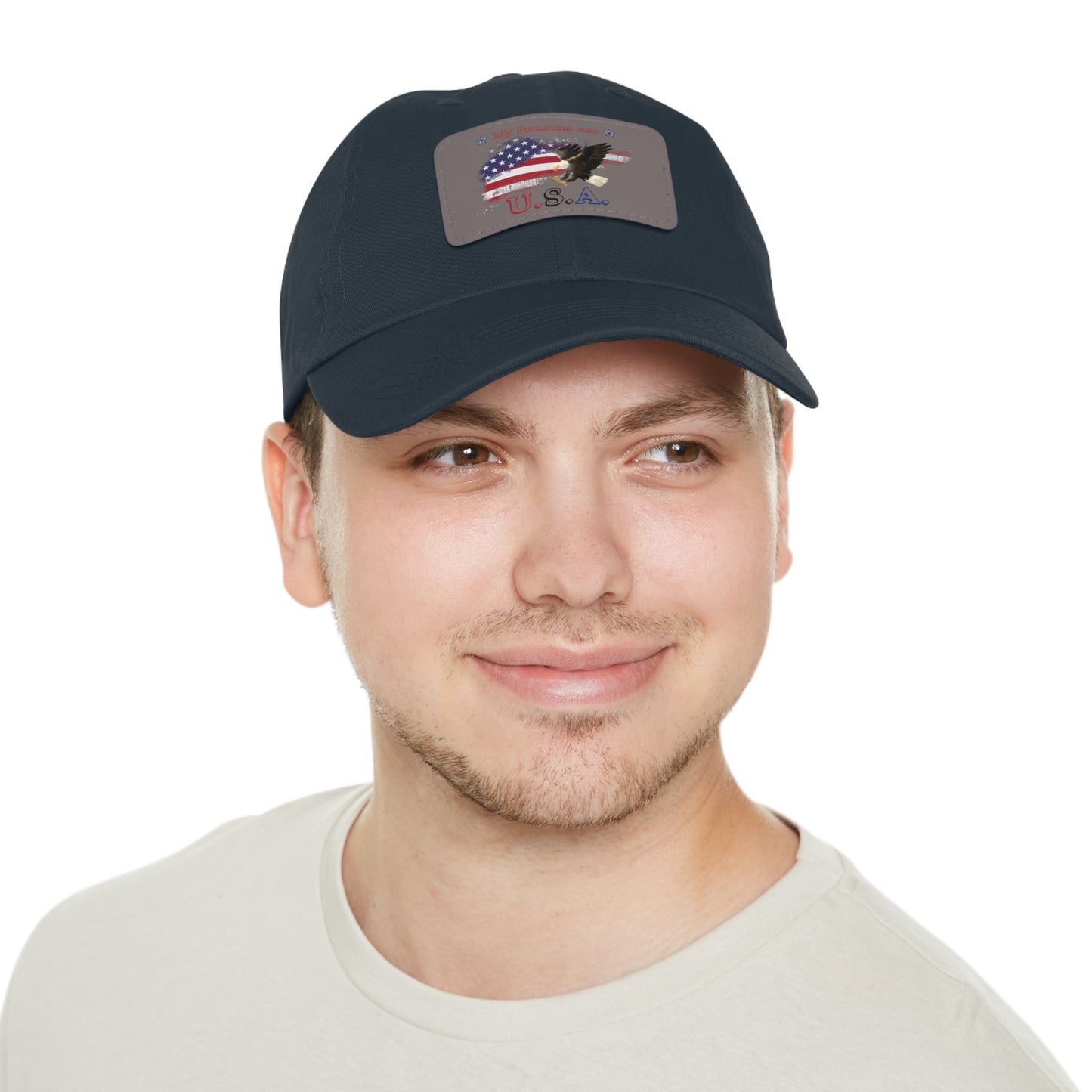 My Pronouns Are USA Dad Hat with Leather Patch (Rectangle)
