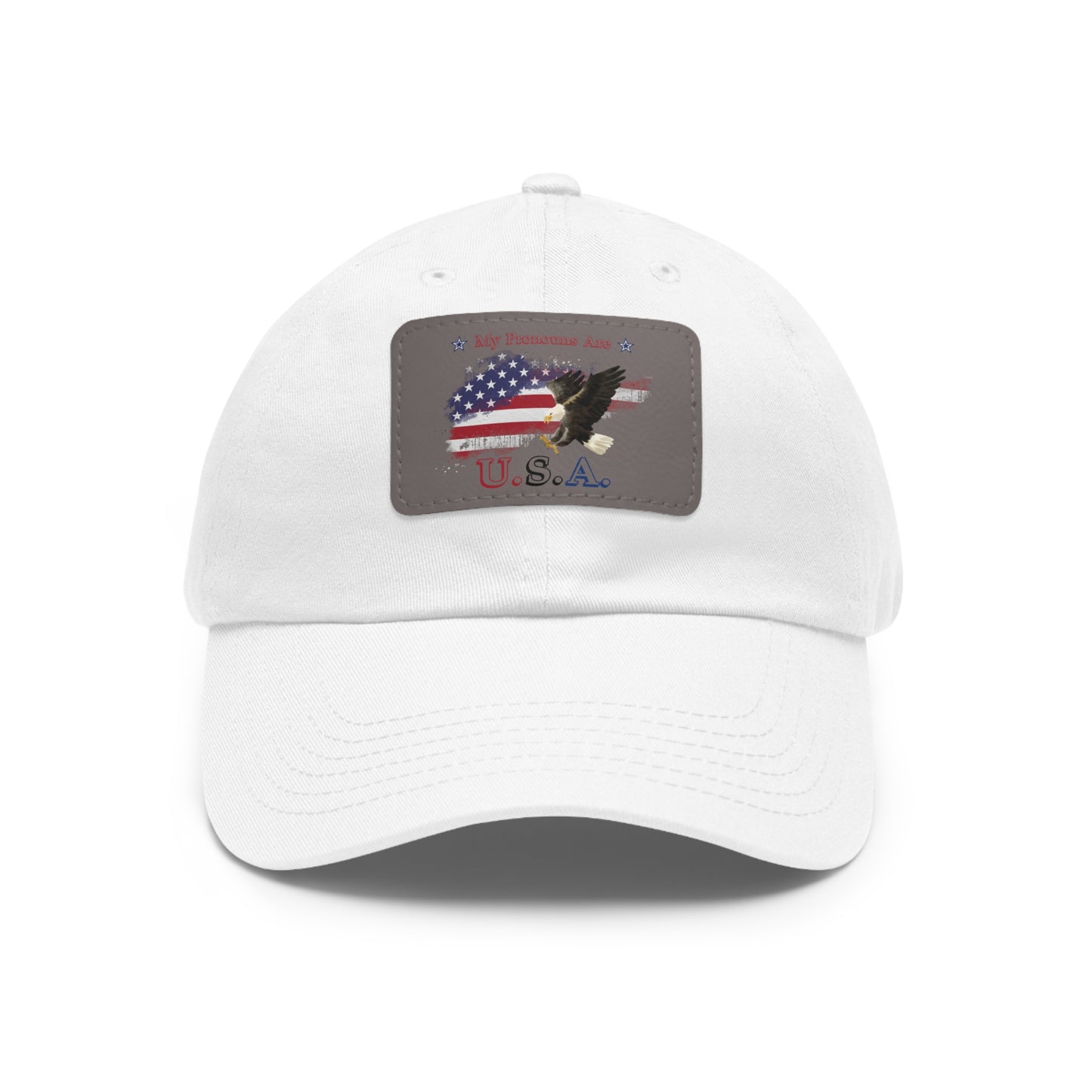 My Pronouns Are USA Dad Hat with Leather Patch (Rectangle)