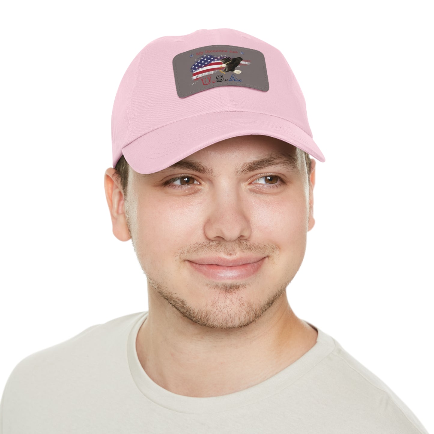 My Pronouns Are USA Dad Hat with Leather Patch (Rectangle)