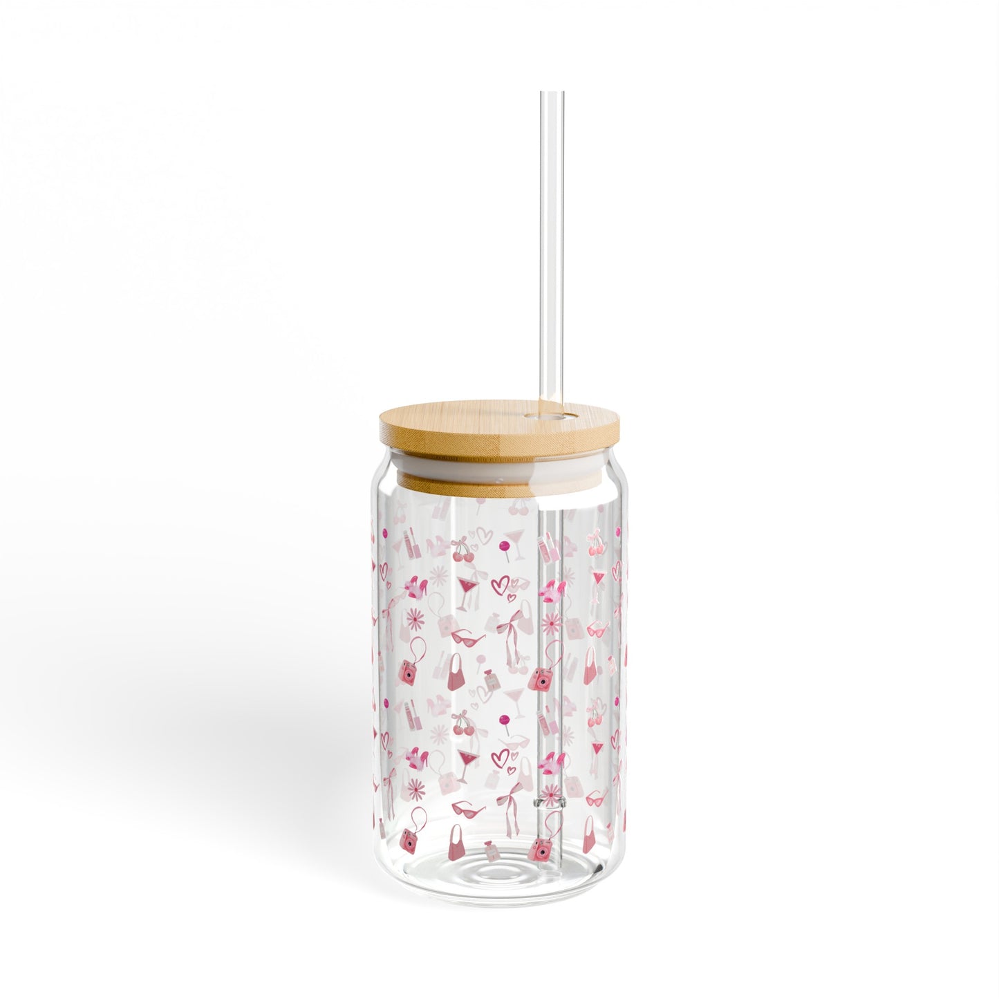 Coquette Girly Pink Sipper Glass Wood Top With Straw , 16oz
