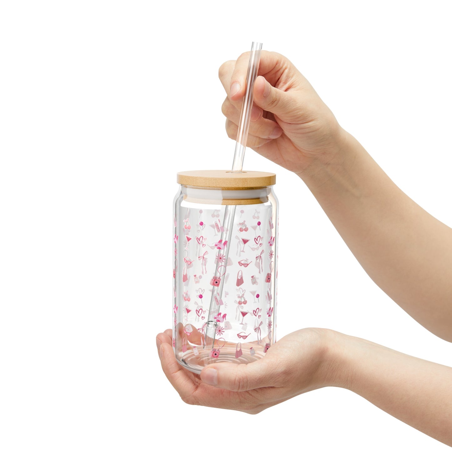 Coquette Girly Pink Sipper Glass Wood Top With Straw , 16oz