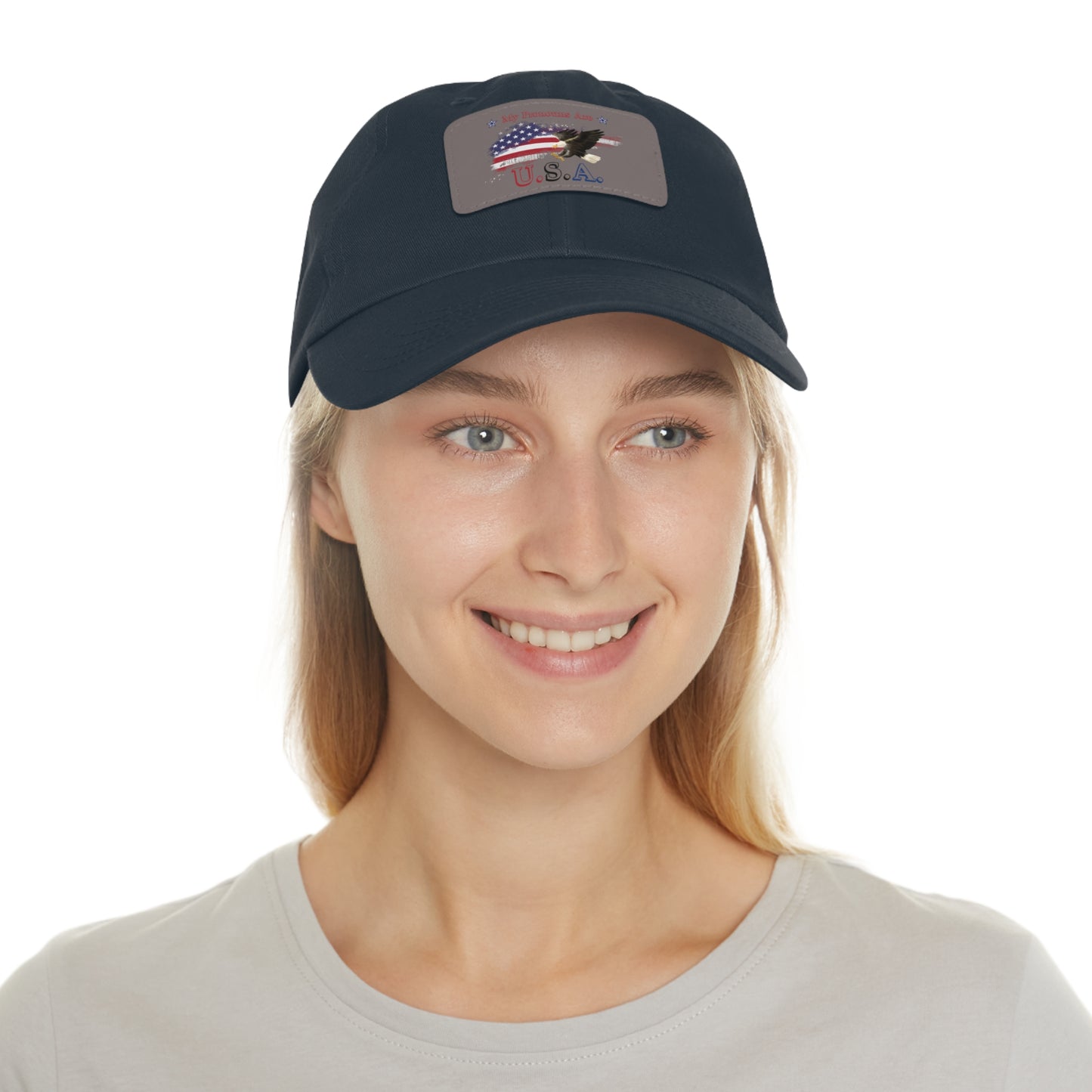 My Pronouns Are USA Dad Hat with Leather Patch (Rectangle)