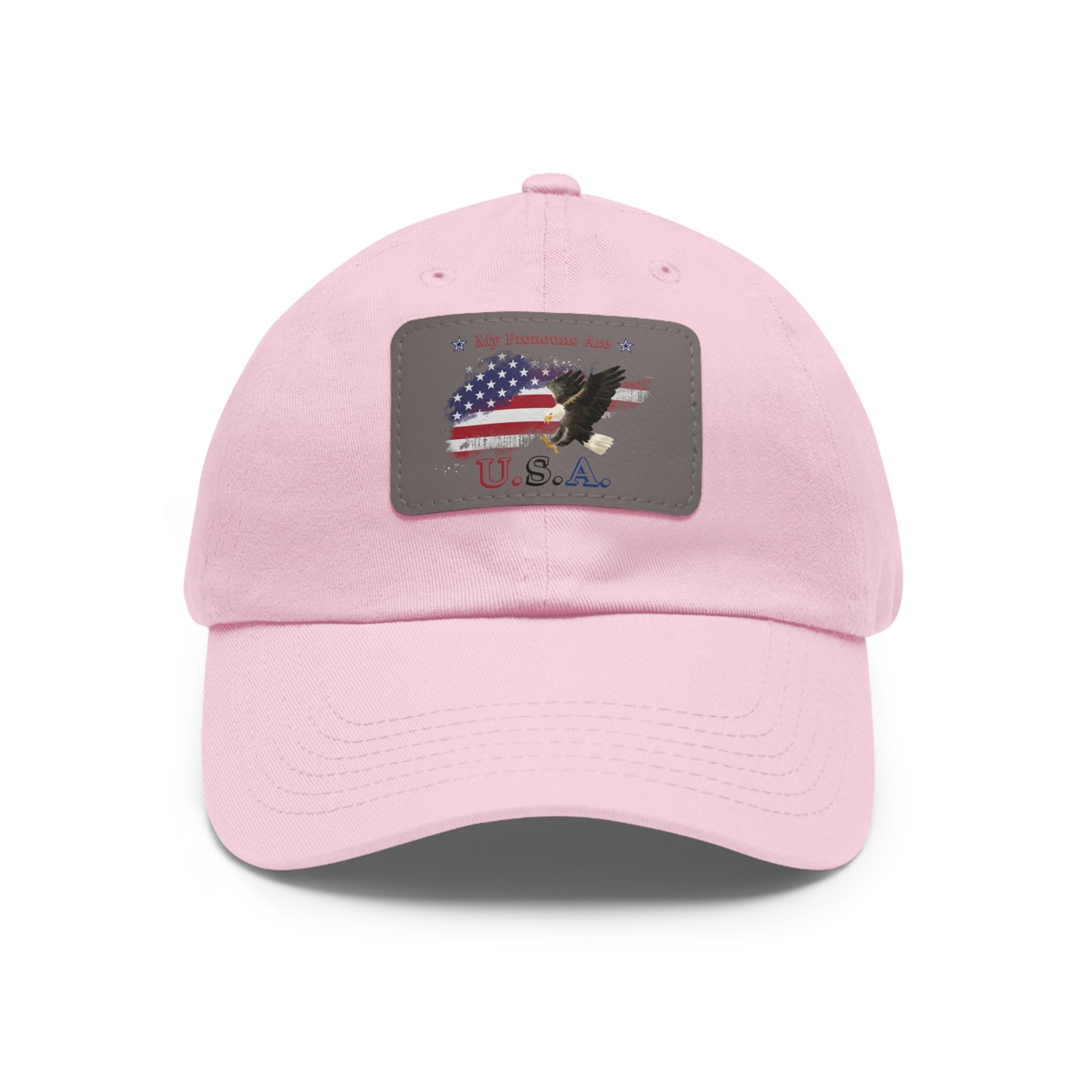 My Pronouns Are USA Dad Hat with Leather Patch (Rectangle)
