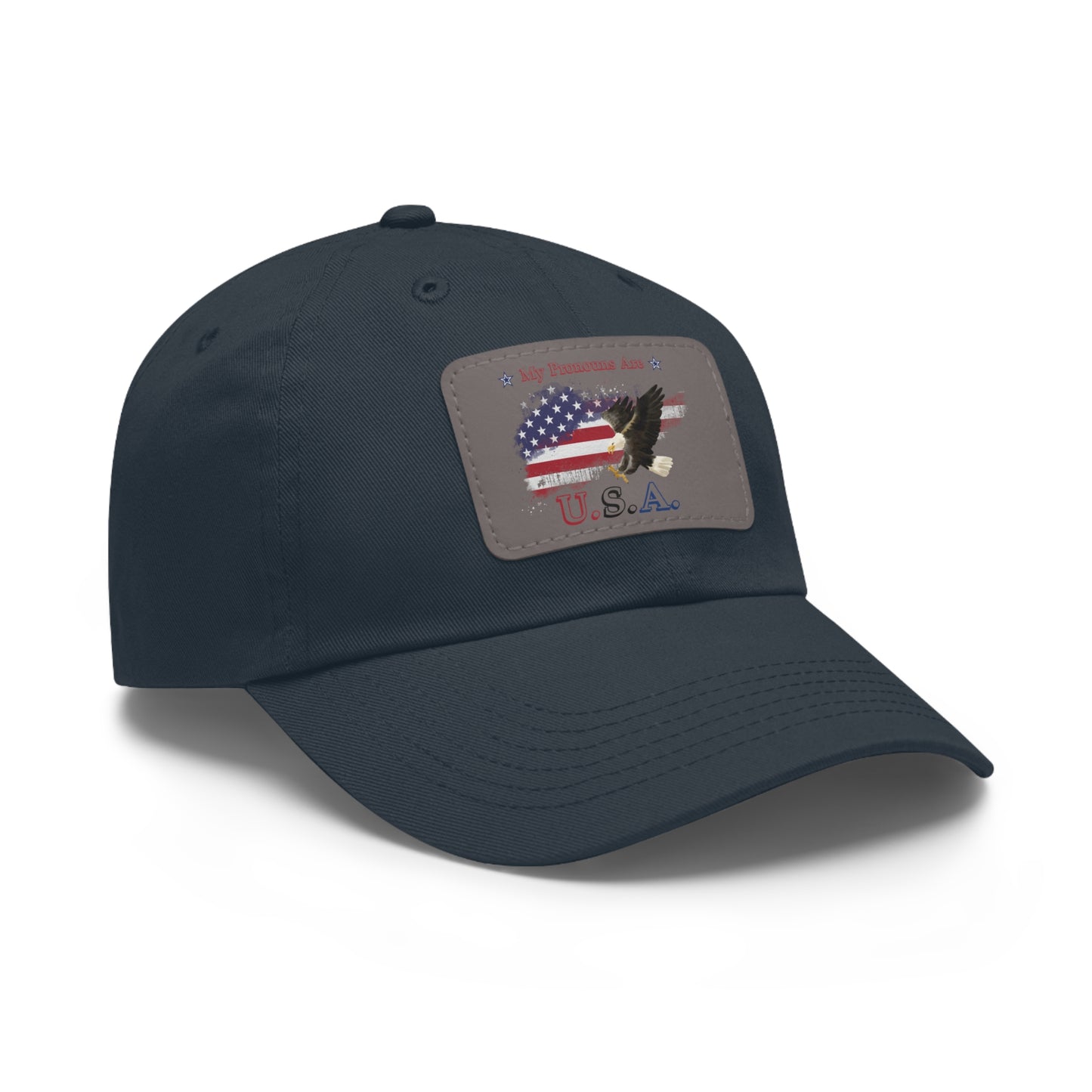My Pronouns Are USA Dad Hat with Leather Patch (Rectangle)