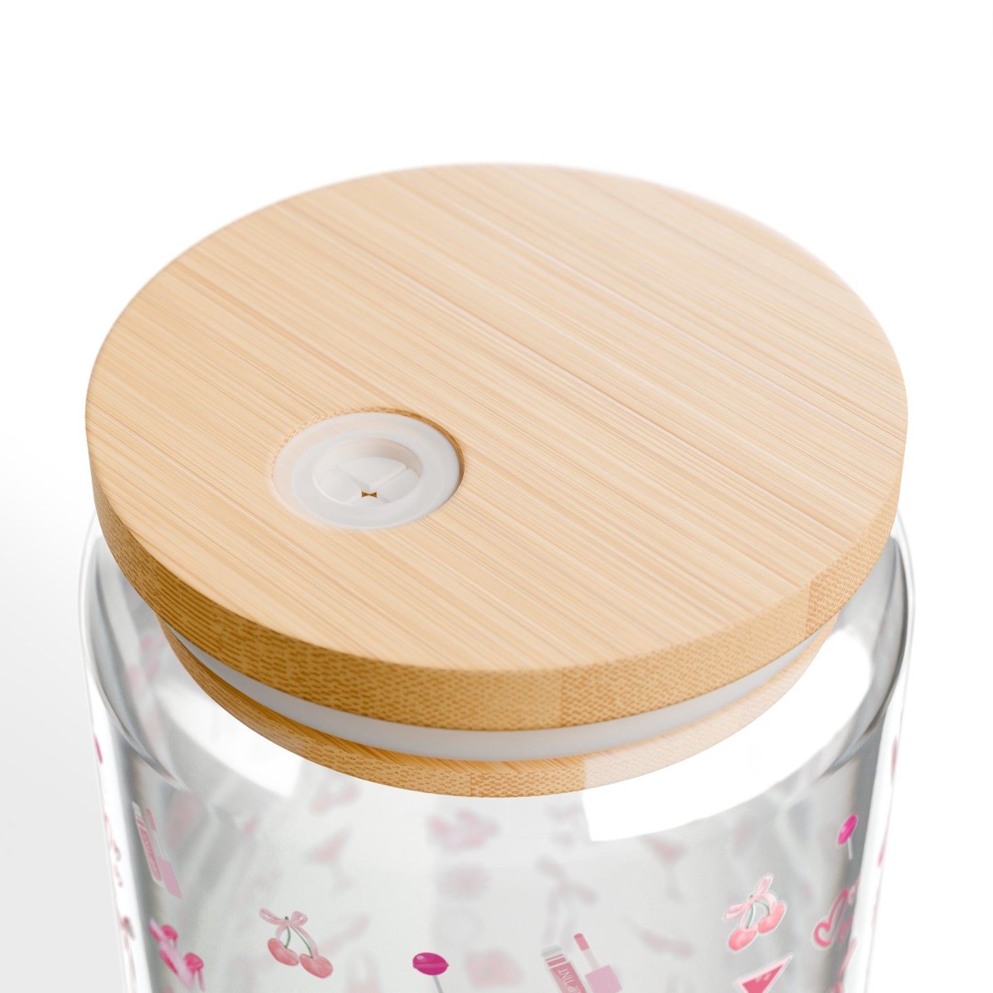 Coquette Girly Pink Sipper Glass Wood Top With Straw , 16oz