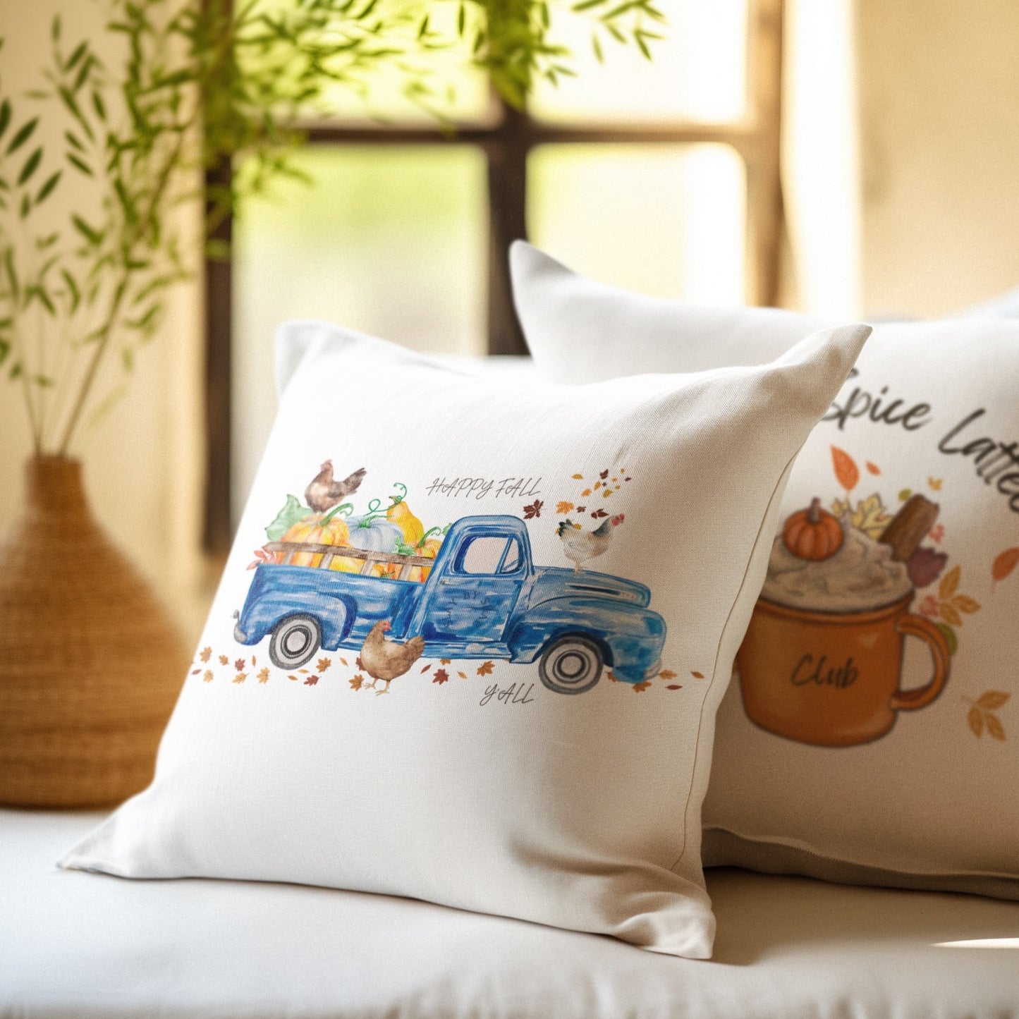 Fall Seasonal Truck & Chickens Holiday Square Pillow